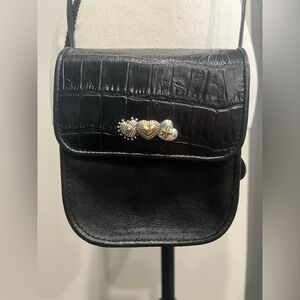 Brighton Black Leather Crossbody with Mixed Metal Heart Accents